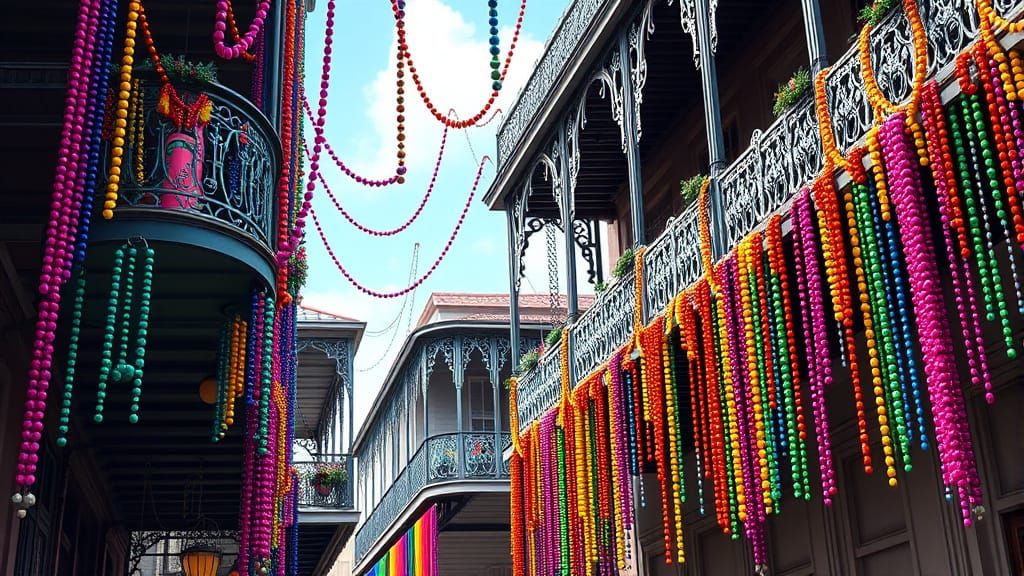 Vibrant Beads Cascade Down New Orleans Balconies
