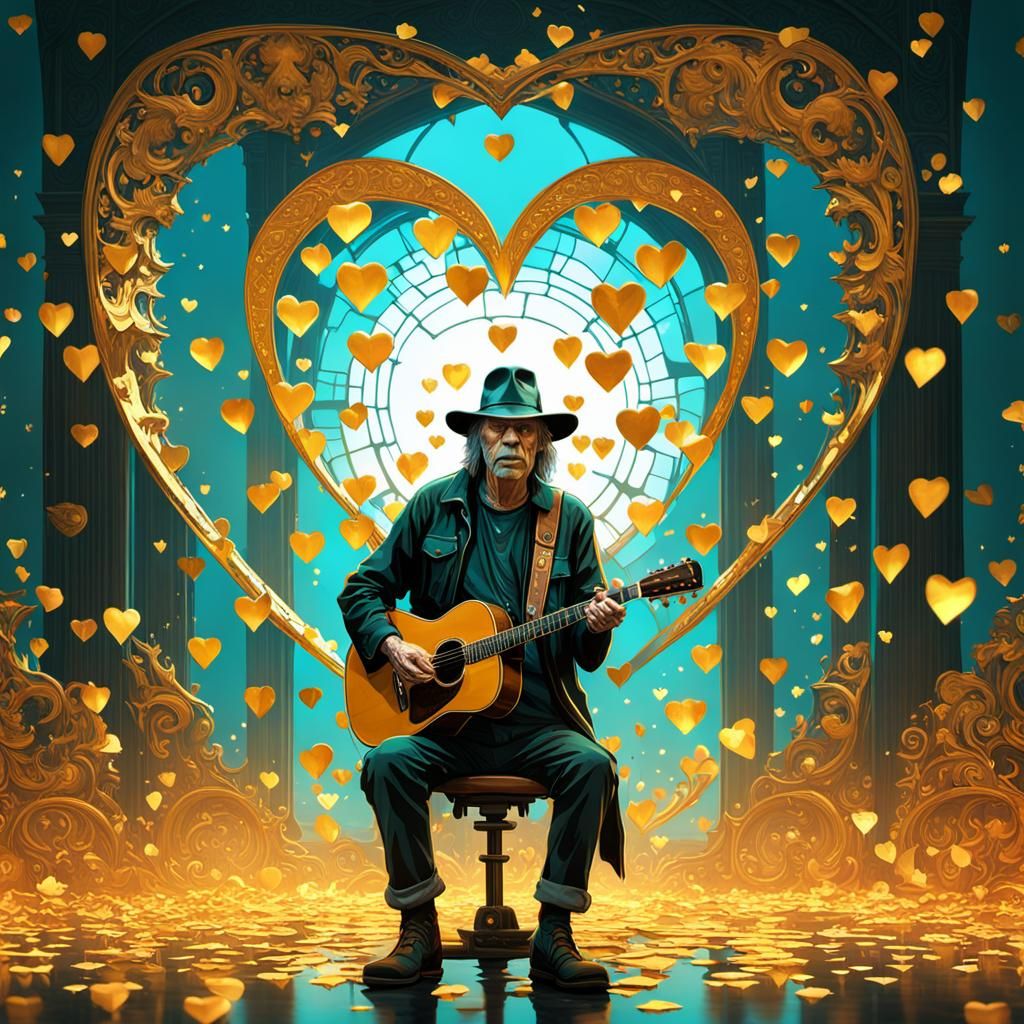 Musician Surrounded by Golden Hearts in Art Nouveau Style