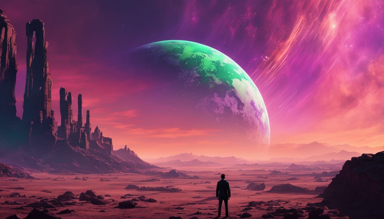 Lone Figure on Alien Planet at Sunset