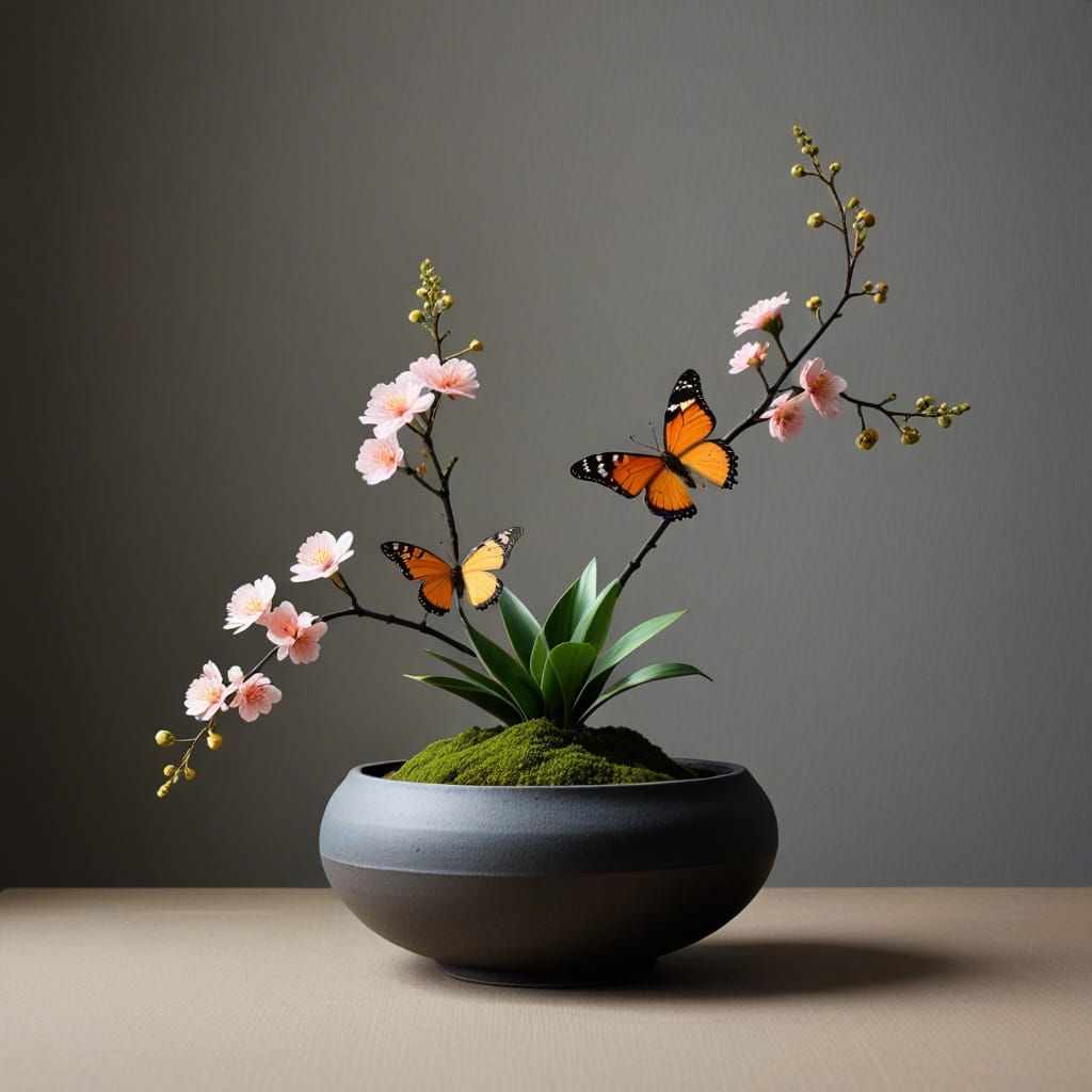 Minimal ikebana visited by butterfly