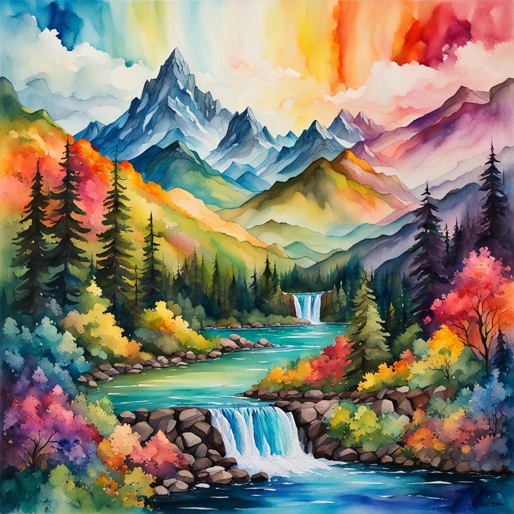 Vibrant Mountain Landscape with Rainbows in Gouache Style
