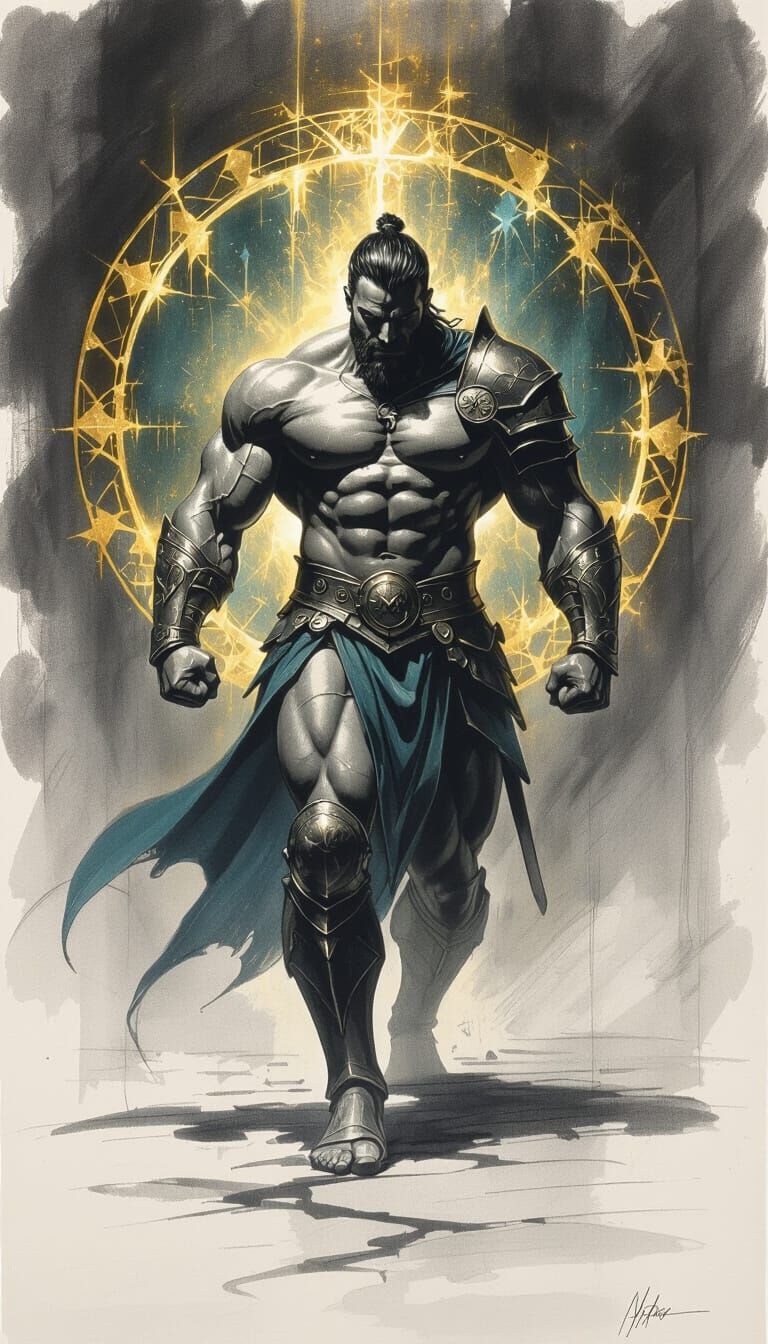 Muscular Warrior Enters Golden Portal in Charcoal Drawing