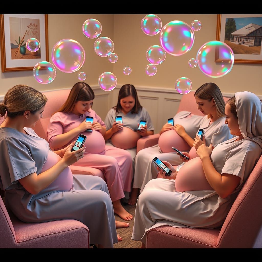 Expectant Mothers Sharing AI Images in Surreal Style
