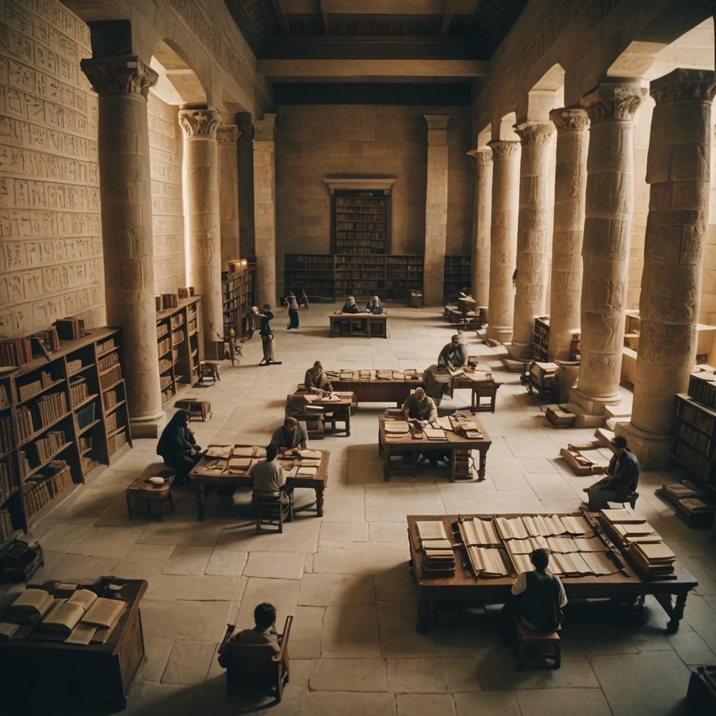 Ancient Mesopotamian Library with Greek Scholars