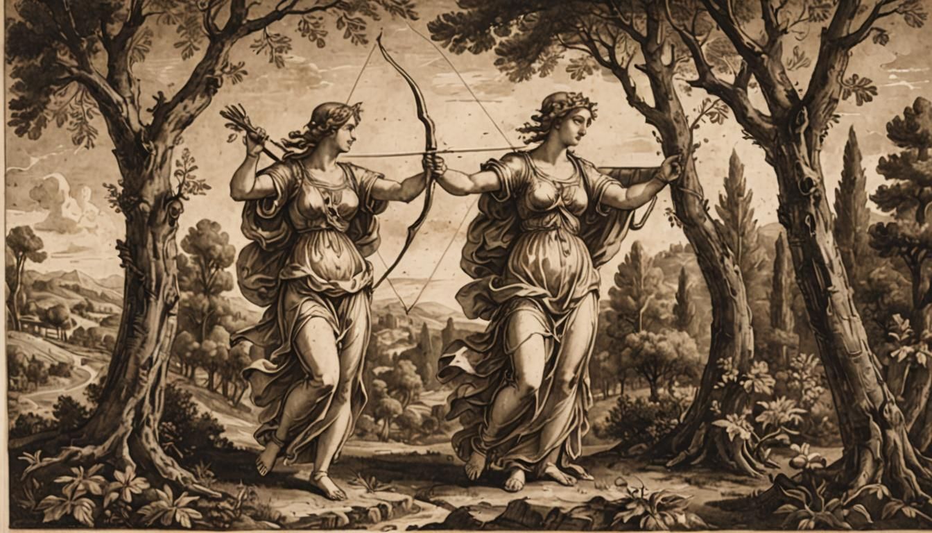 Artemis Bends Her Bow: Sepia Etching in 17th Century Style