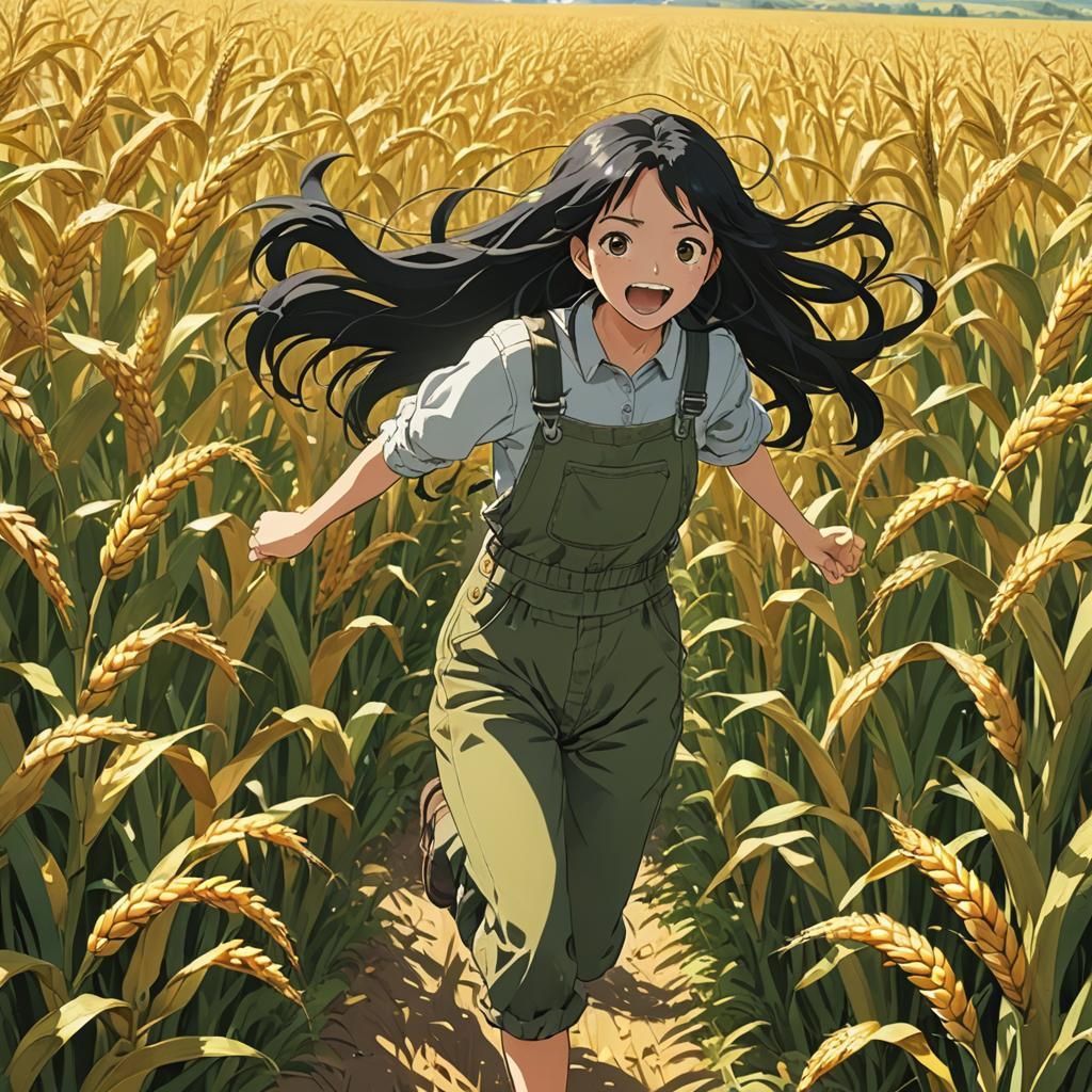 Joyful Girl in Cornfield, Anime Style