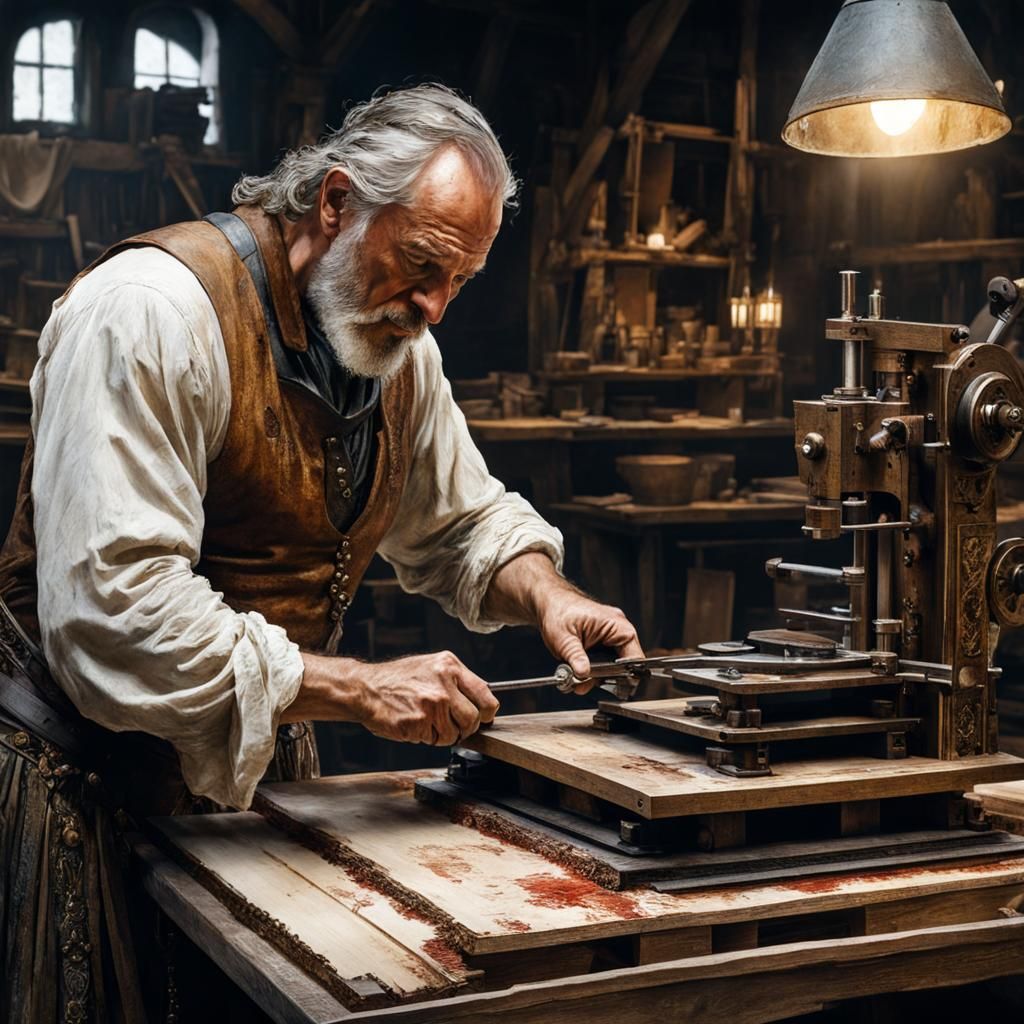 Medieval Man Operates Intricate Printing Press