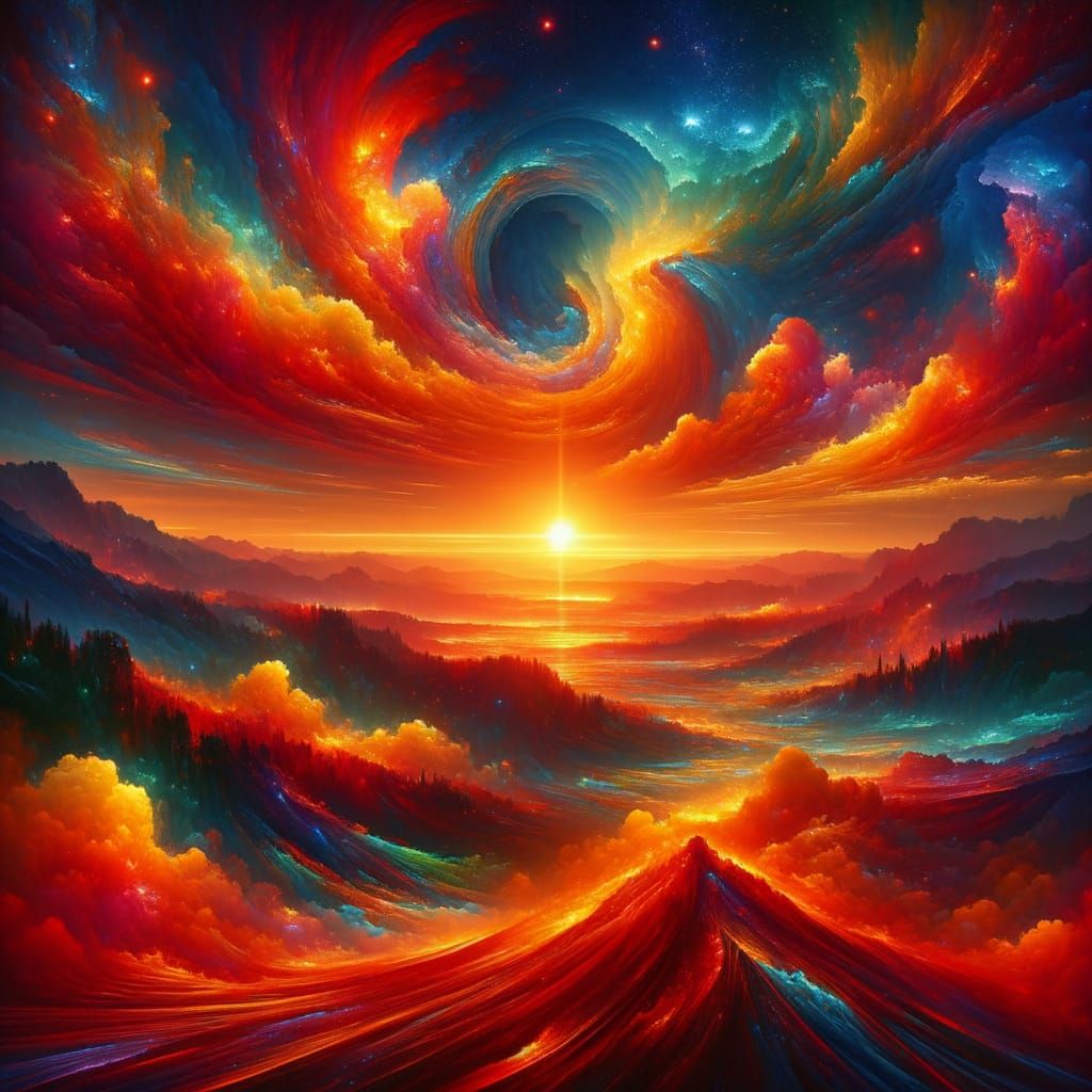 Vibrant Fire Red Sunset in Surrealist Style