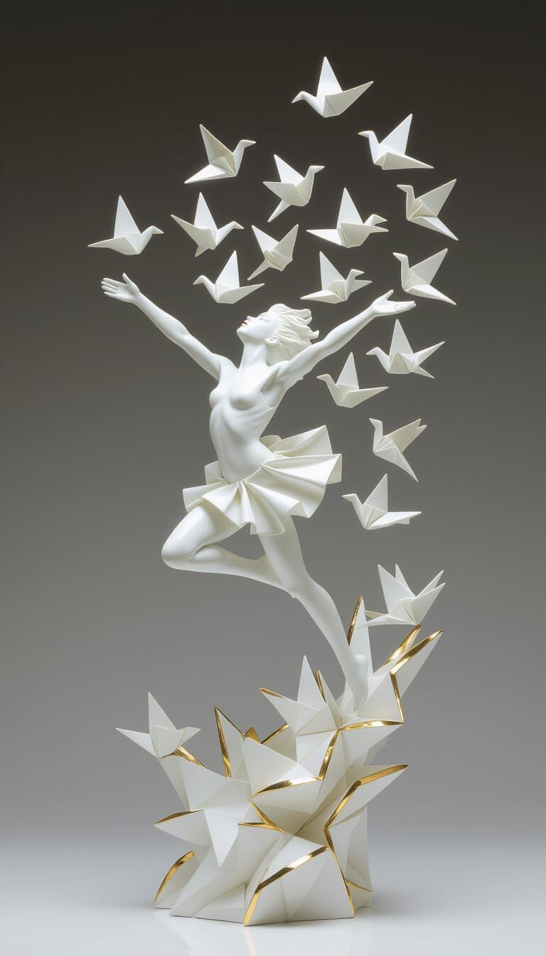 Porcelain Figure Transforms into Golden Origami Birds