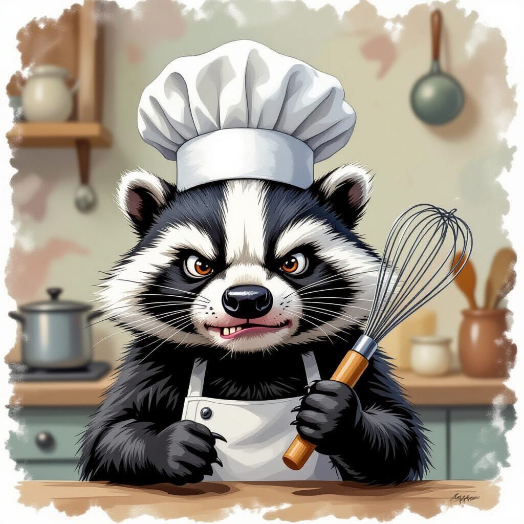 Grumpy Badger Chef with Giant Whisk in Watercolor Kitchen