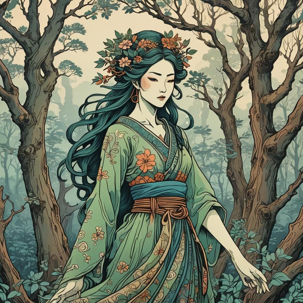 Stylized Dryad in Ukiyo-e Style