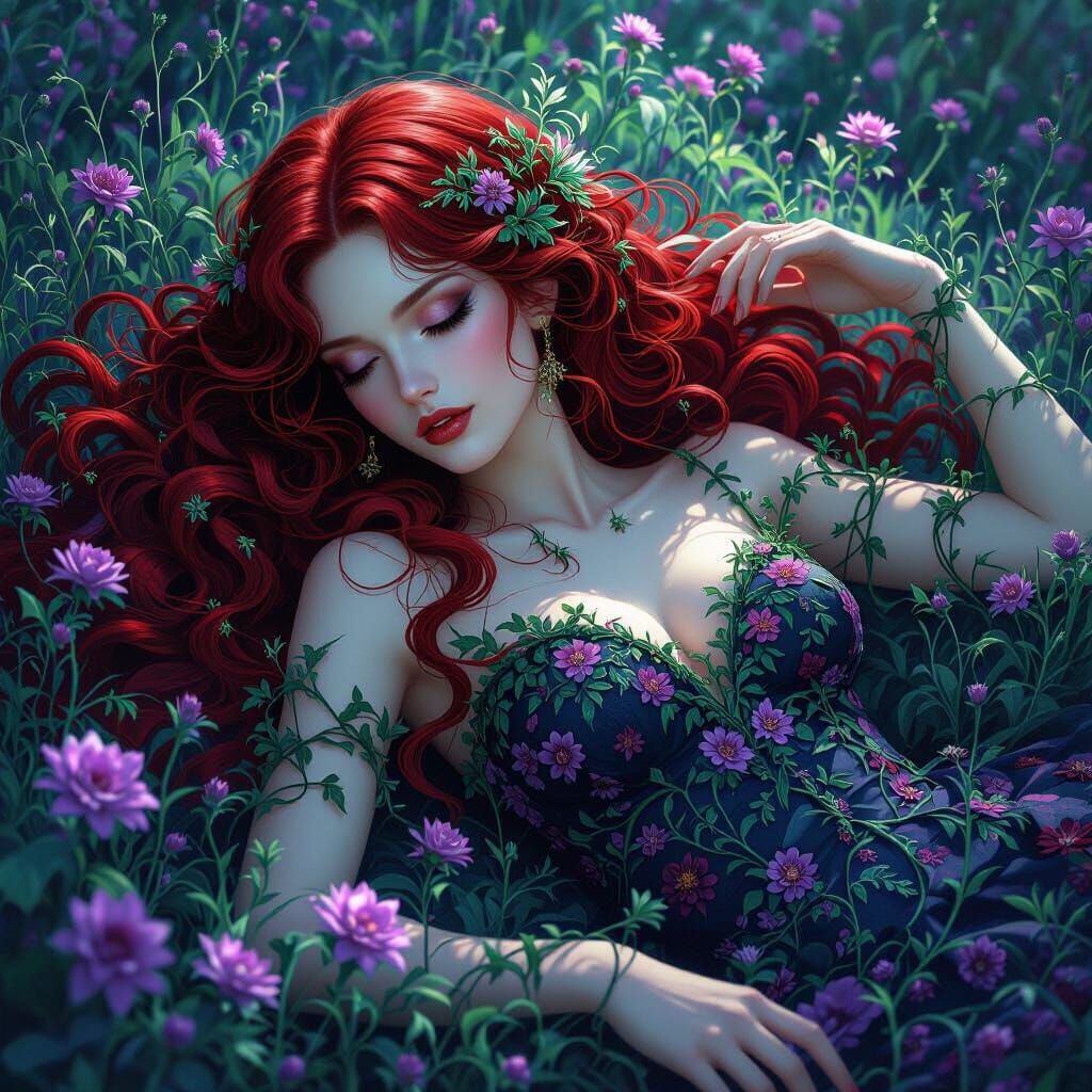 Crimson Haired Woman in Toxic Bloom Field