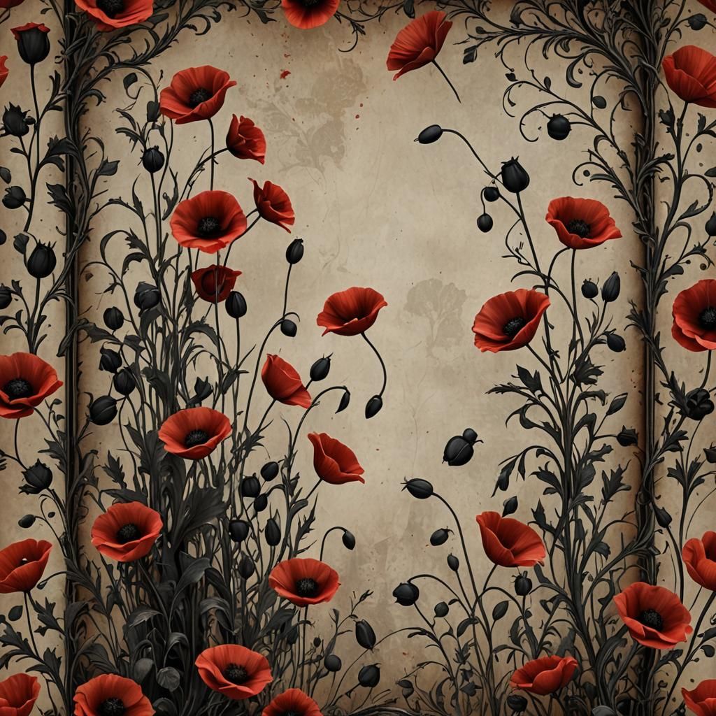 Antique Paper with Poppies and Roses Border