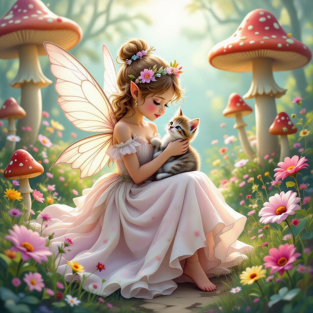 Fairy and Kitten in Wonderland: Ethereal Airbrush Art