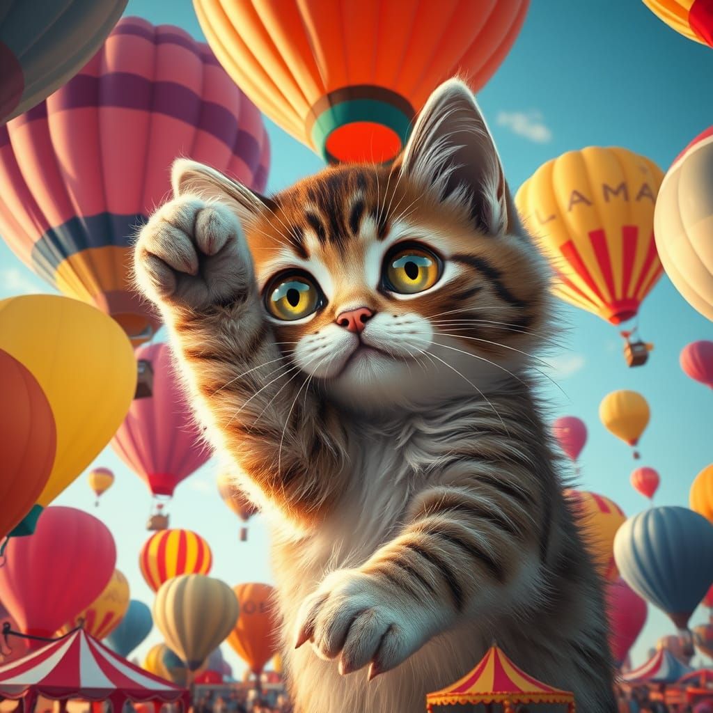 Giant Kitten Among Balloons