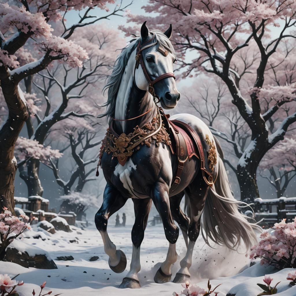 Horse Amidst Snow and Sakura: Fantasy Concept Art