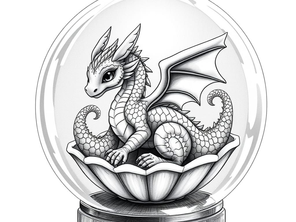 Majestic Baby Dragon in Glass Globe, Vintage Coloring Book S...