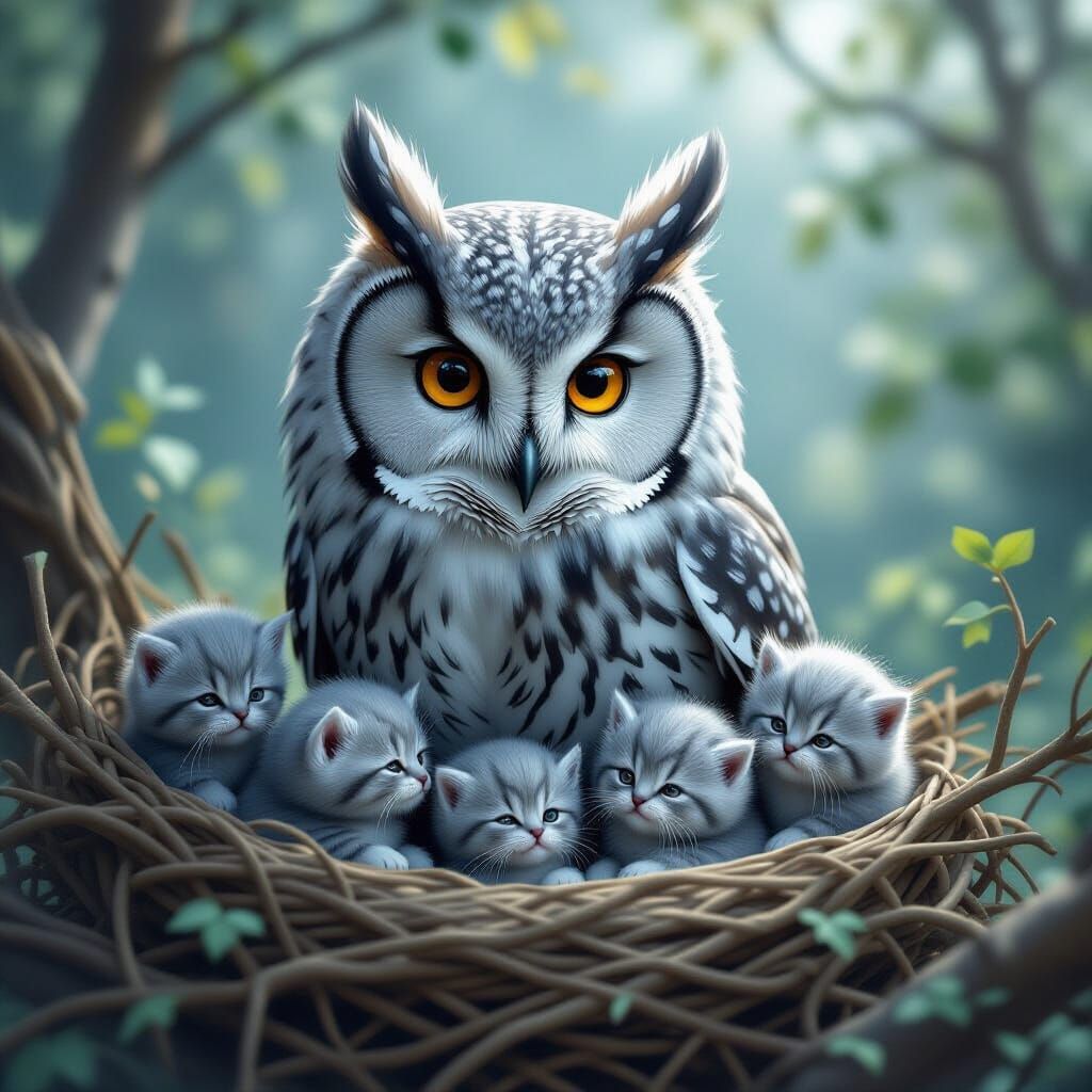 Owl Guardian Protecting Kittens in Fantasy Digital Art