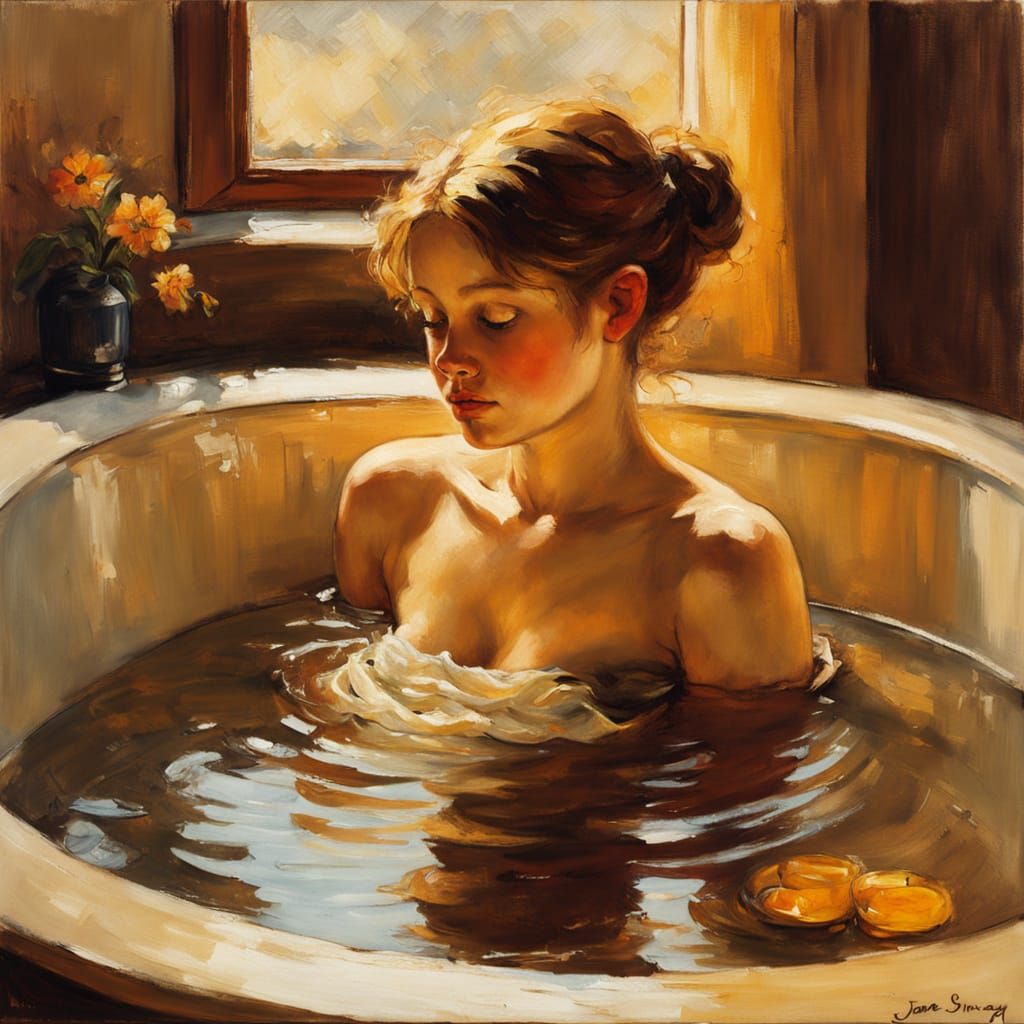 Woman Washing in Tub as Impressionist Oil Painting