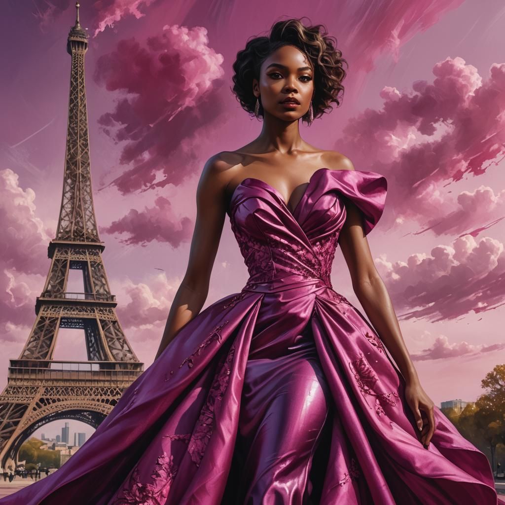 Black Woman in Magenta Gown at Eiffel Tower