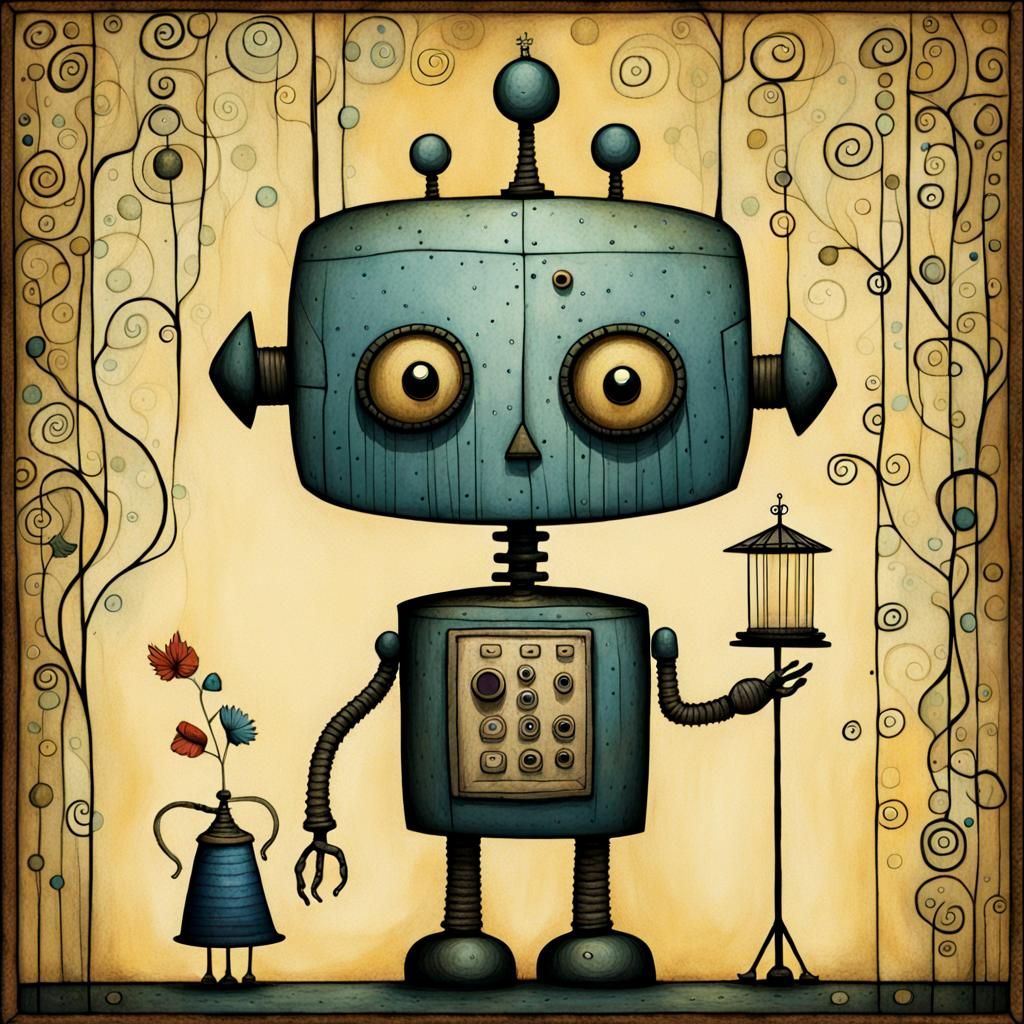 Cute Robot Butler in Art Brut Style