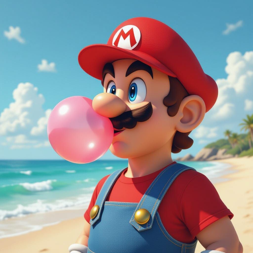Mario on a Sunny Beach Blowing Gum Bubble