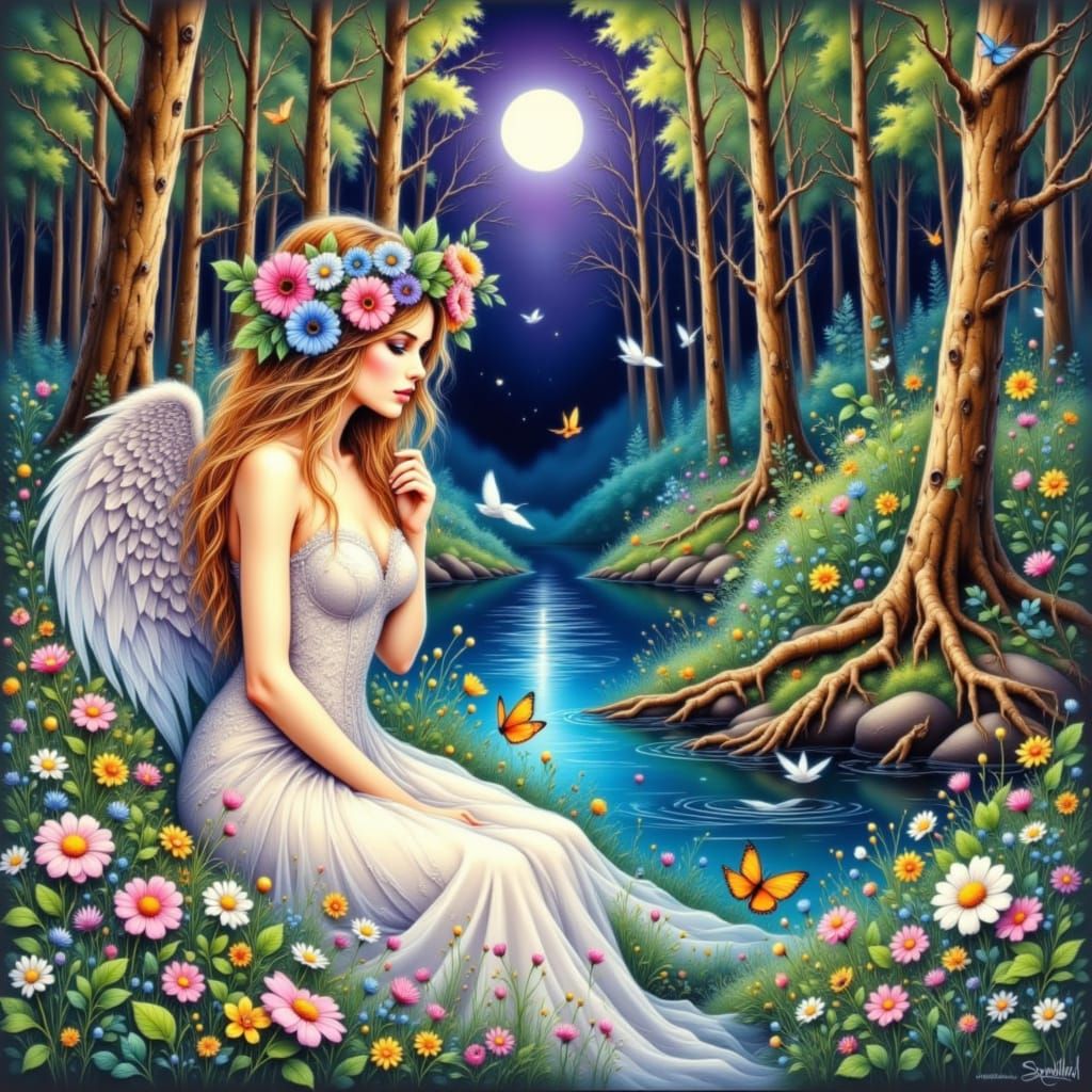 Ethereal Art Nouveau Maiden Under Full Moon