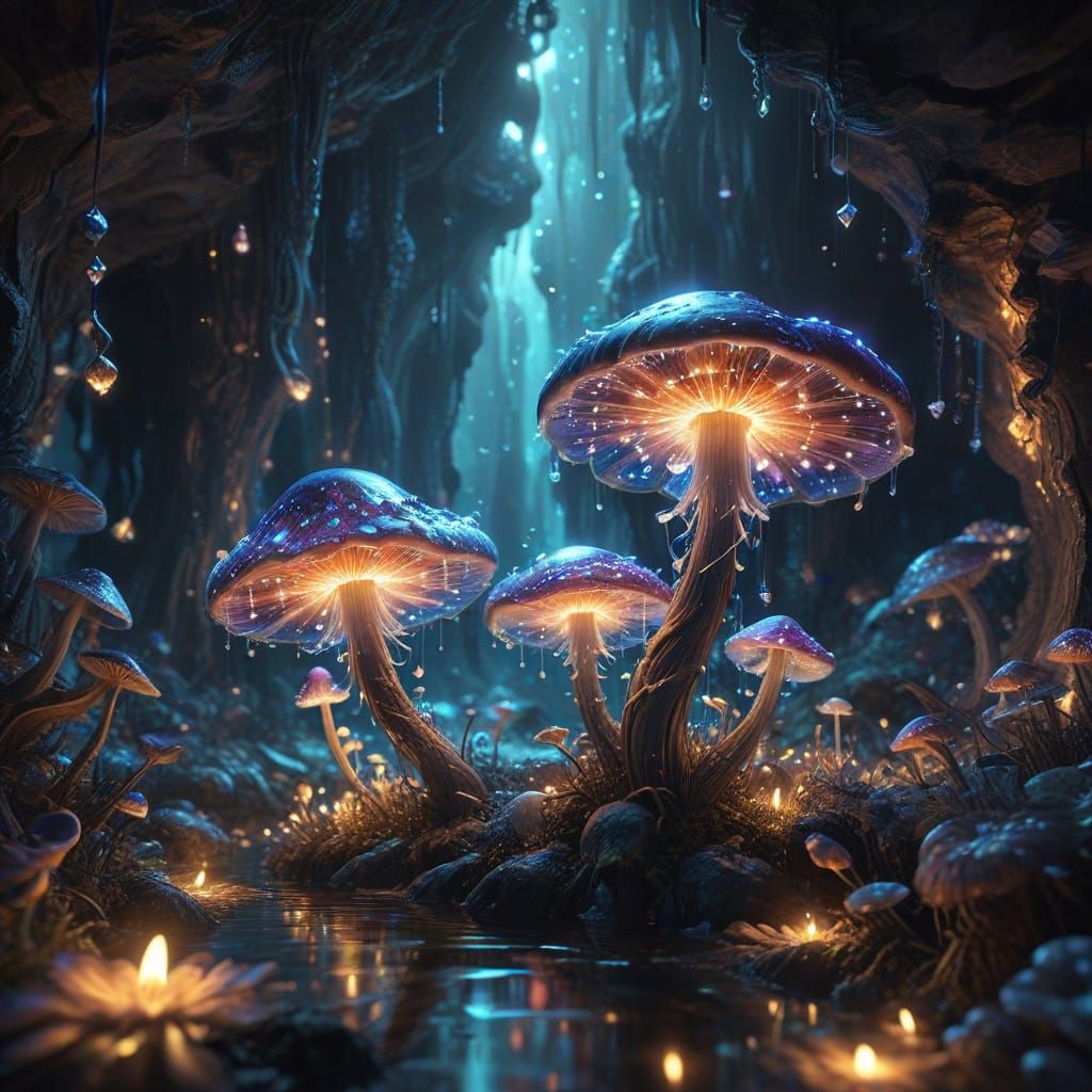 Hearts in Harmony: Ethereal Cave Scene in Abstract Fractal S...