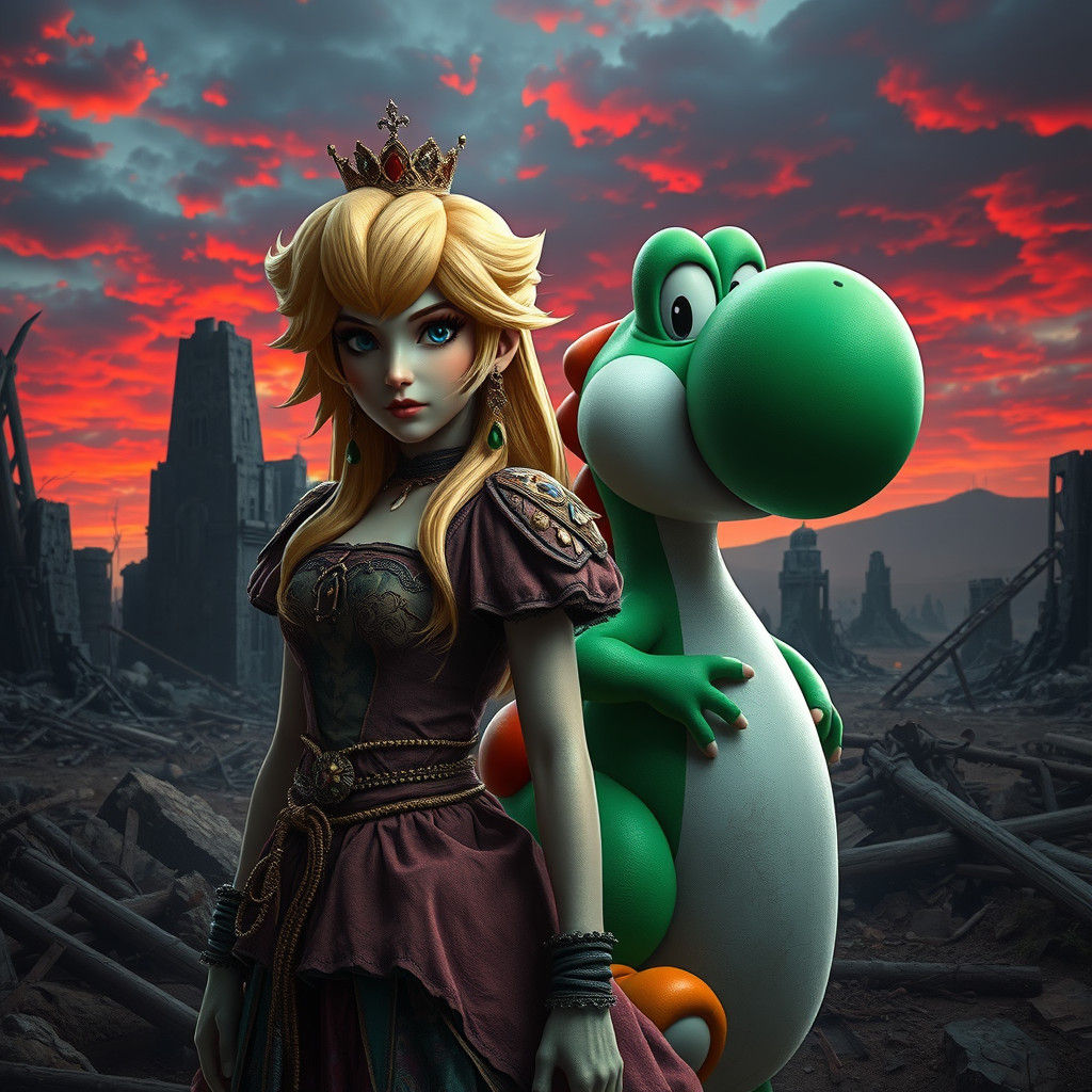 Princess Peach and Yoshi in Dark Fantasy Apocalypse