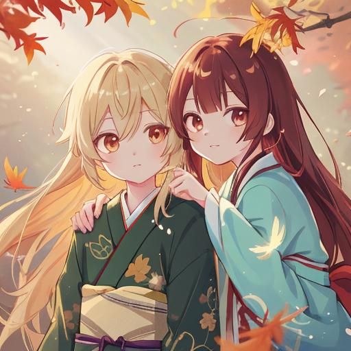 Love Birds in Anime Autumn Landscape