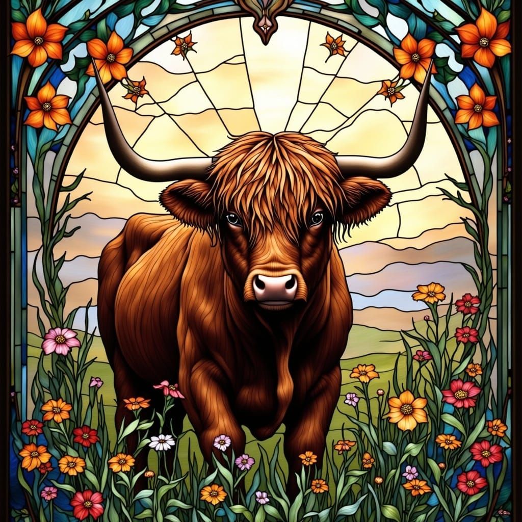Ethereal Highland Cow in Stained Glass Style
