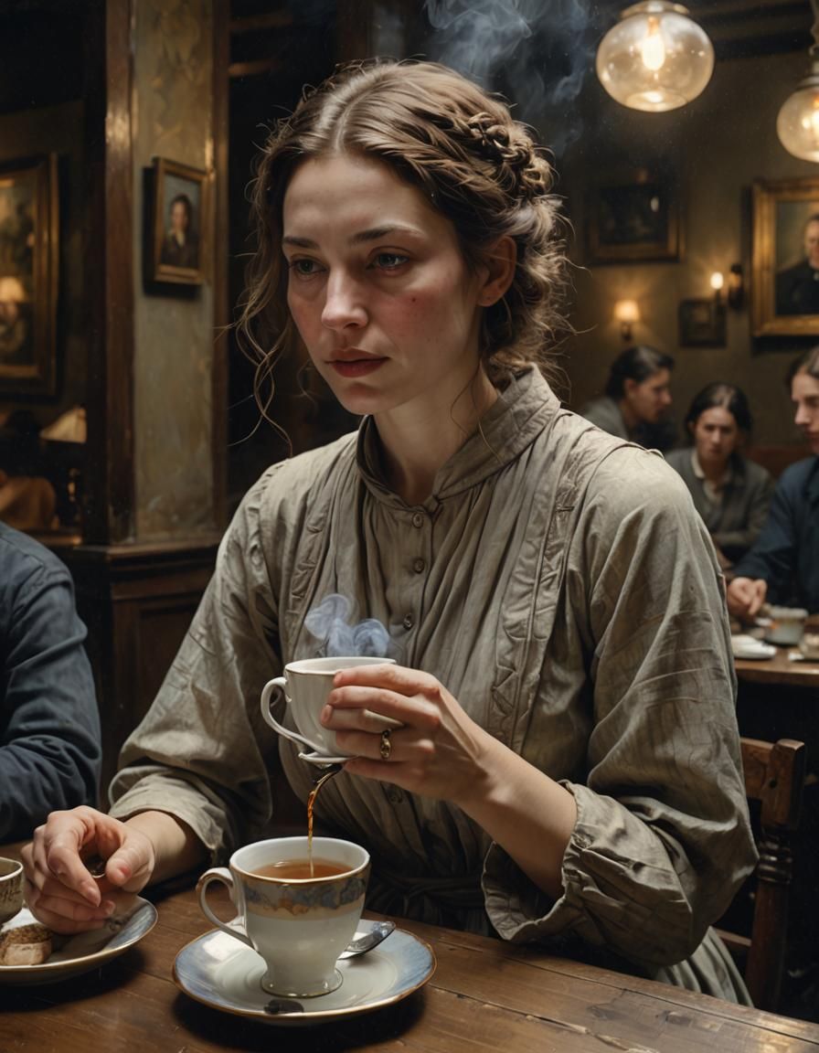 Emotional Woman in Cafe: Photorealistic Tea Portrait
