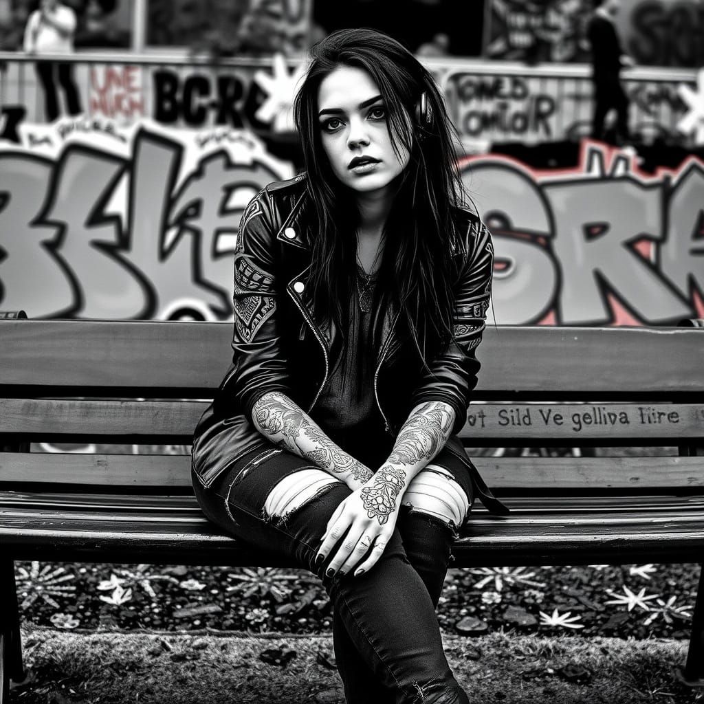 Goth Teen Contemplates in Vibrant Graffiti Alley