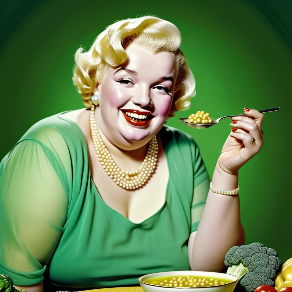 Obese Marilyn Monroe with Soup in 1950s Style