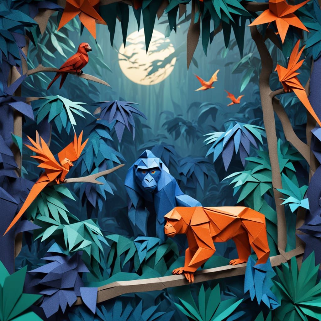 Origami Jungle Animals at Night in Soft Moonlight