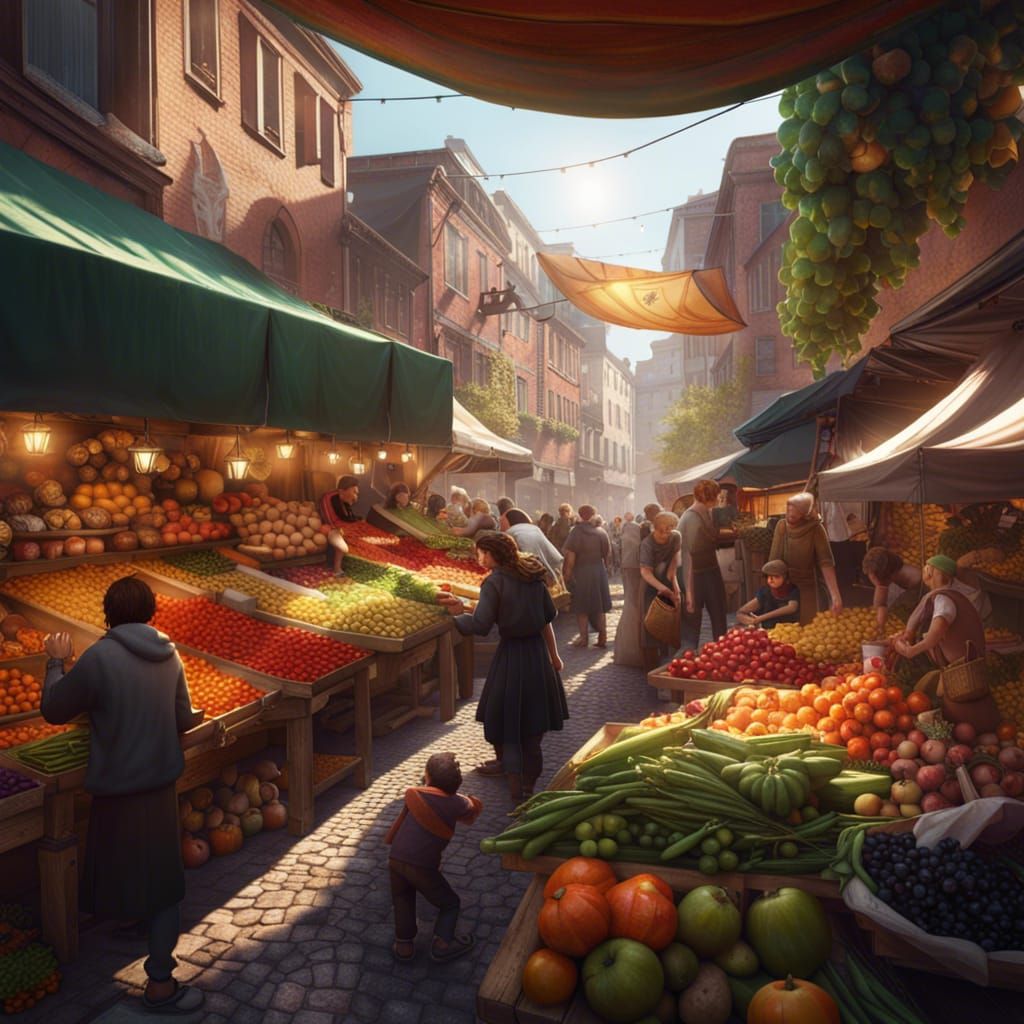 Vibrant Market Inside a Cornucopia, Digital Art