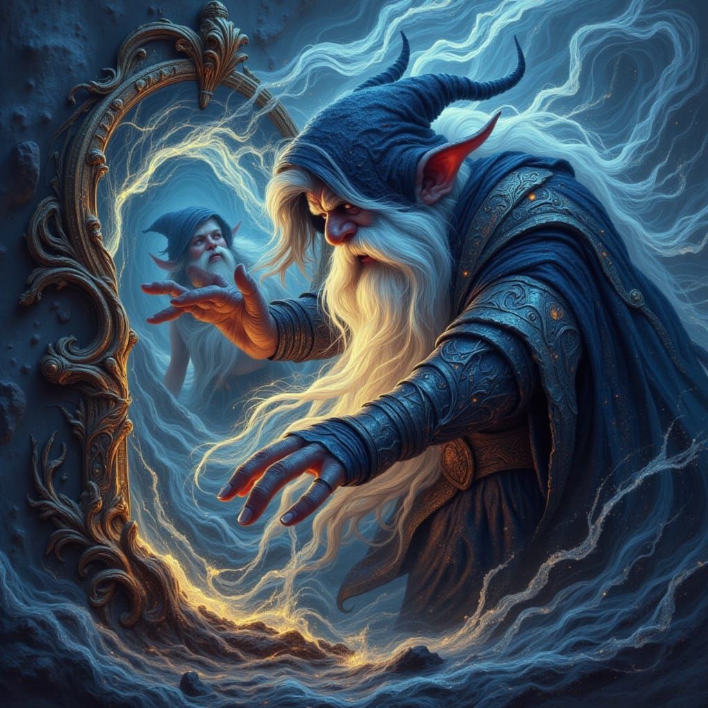Dwarf Wizard Conjures Female Dwarf in Ancient Mirror