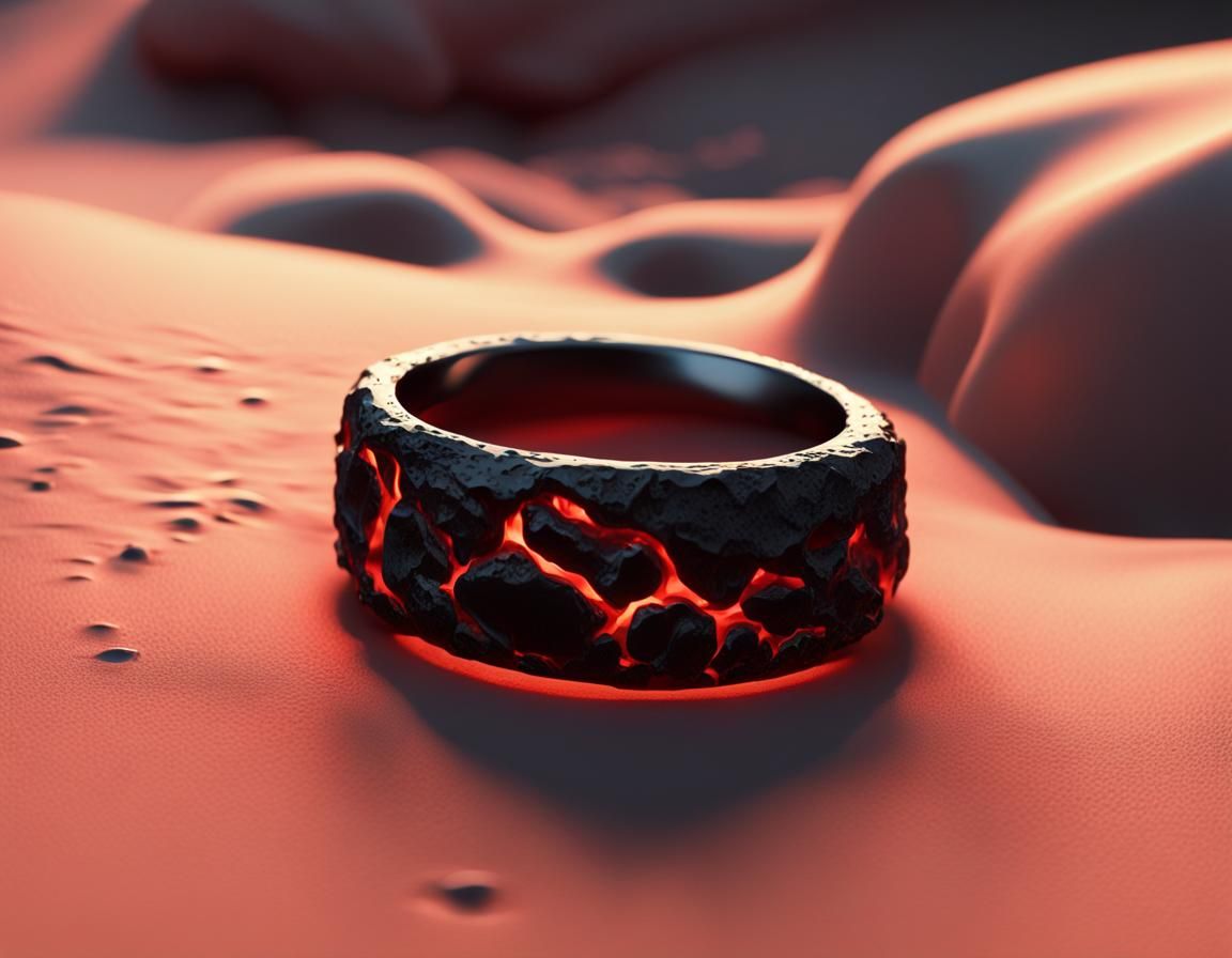 Obsidian Ring Forged in Lava: Hyperrealistic 3D Rendering