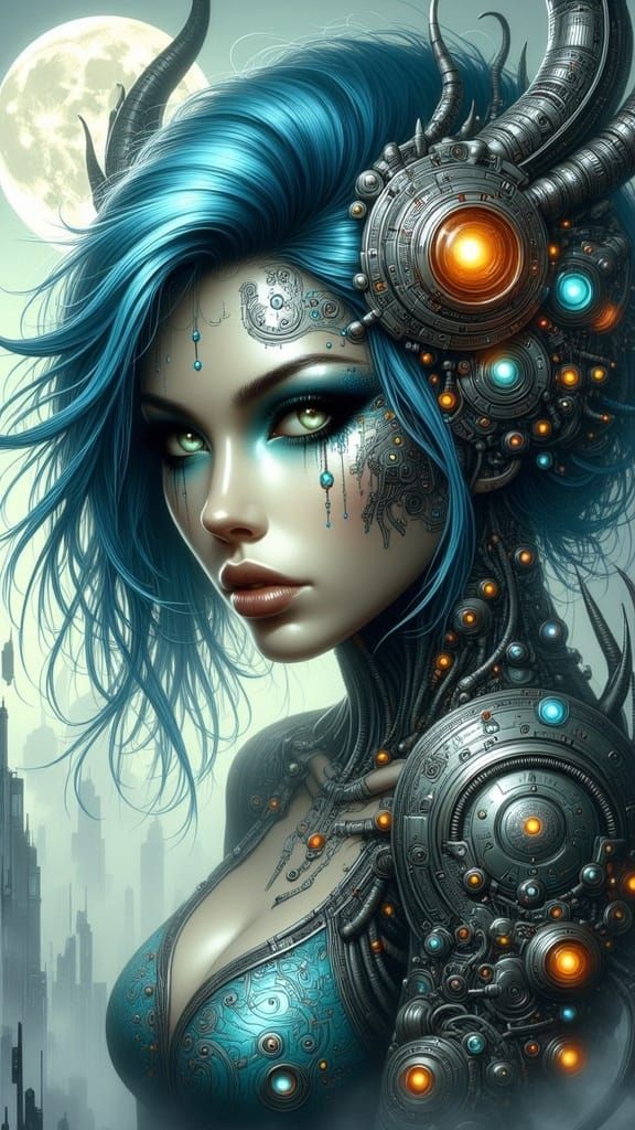 Cyberpunk Alien Goddess with Majestic Manticore in Ethereal....