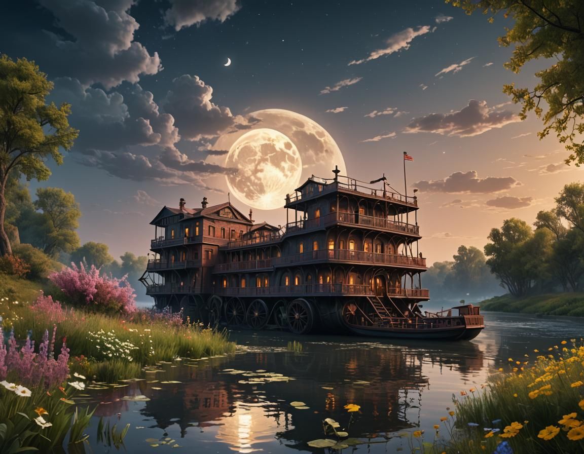 Paddle Wheel Boat on River: Fantasy Concept Art
