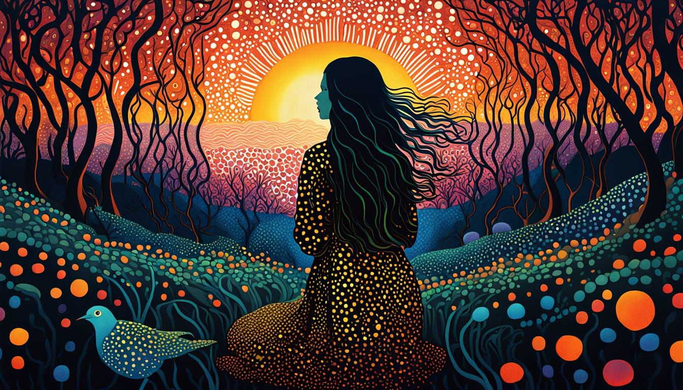 Ethereal Sunset Goddess in Dreamlike Landscape