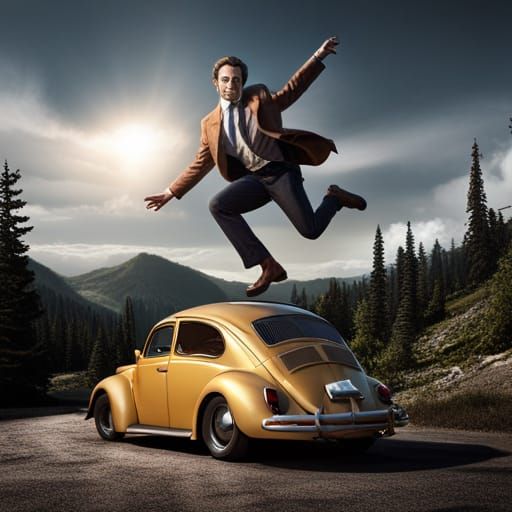 Man Jumping Over Car in Detailed Matte Painting