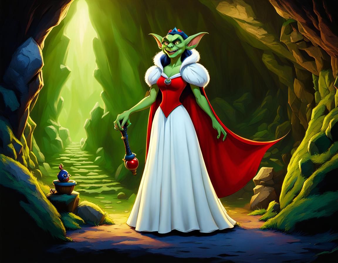 Goblin Snow White in Cave, Detailed Digital Art