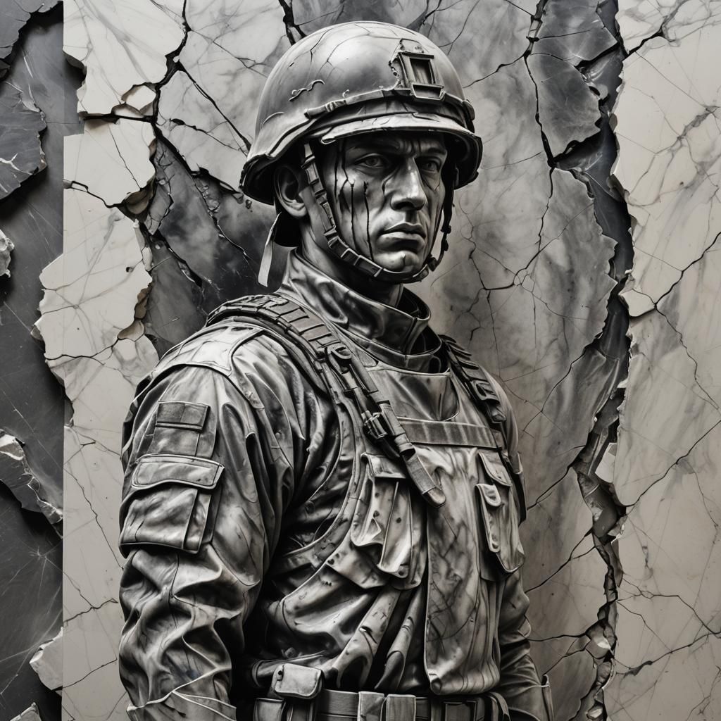 Marble Soldier Melts Into Wall: Charcoal Drawing
