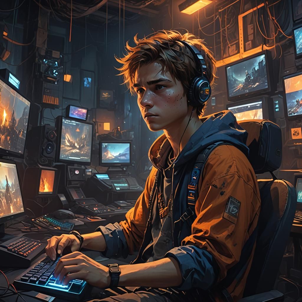 Teenager Playing Video Game: Fantasy Concept Art