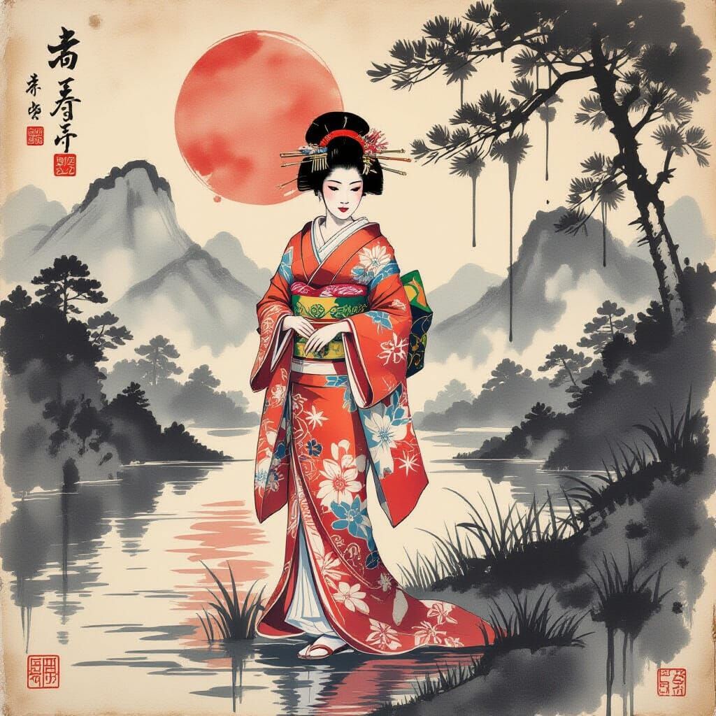Geisha in Sumi-e Style Japanese Landscape