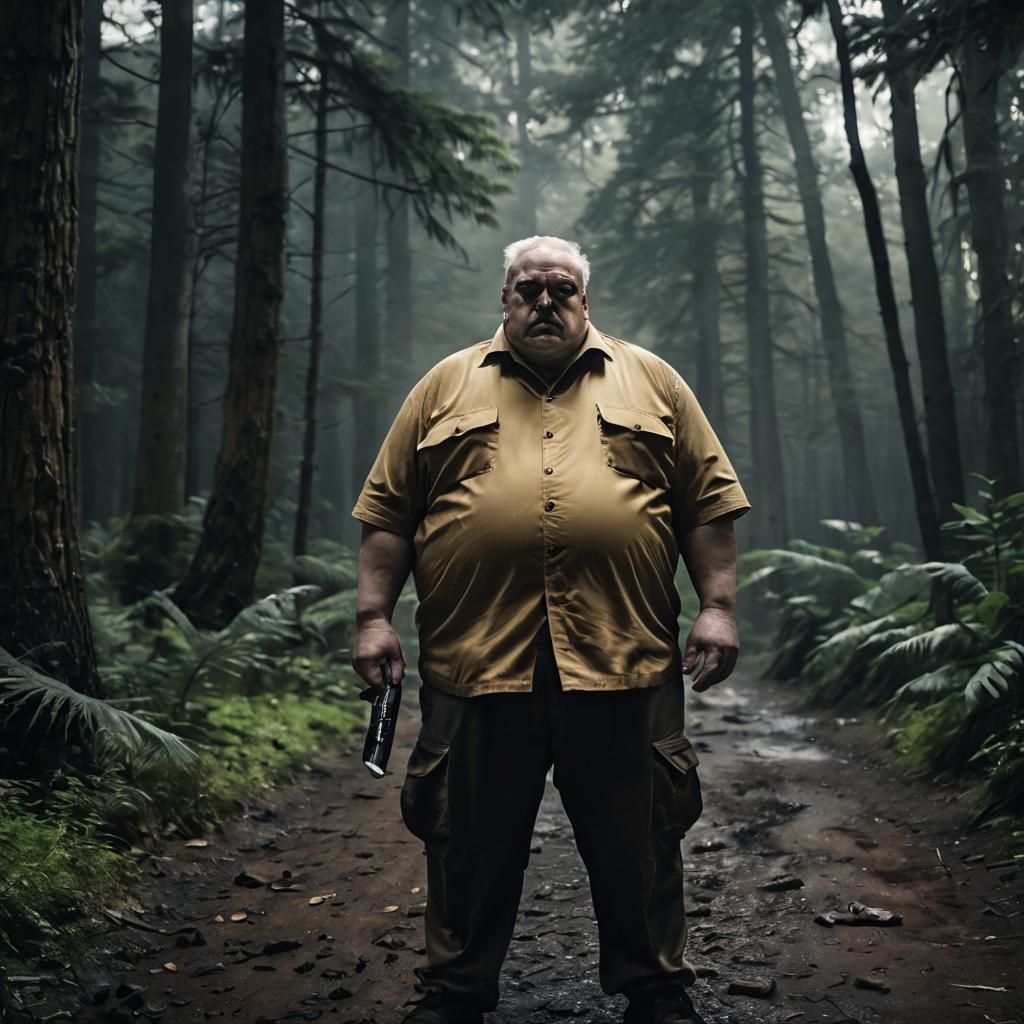 Dramatic Film Still of Overweight Man