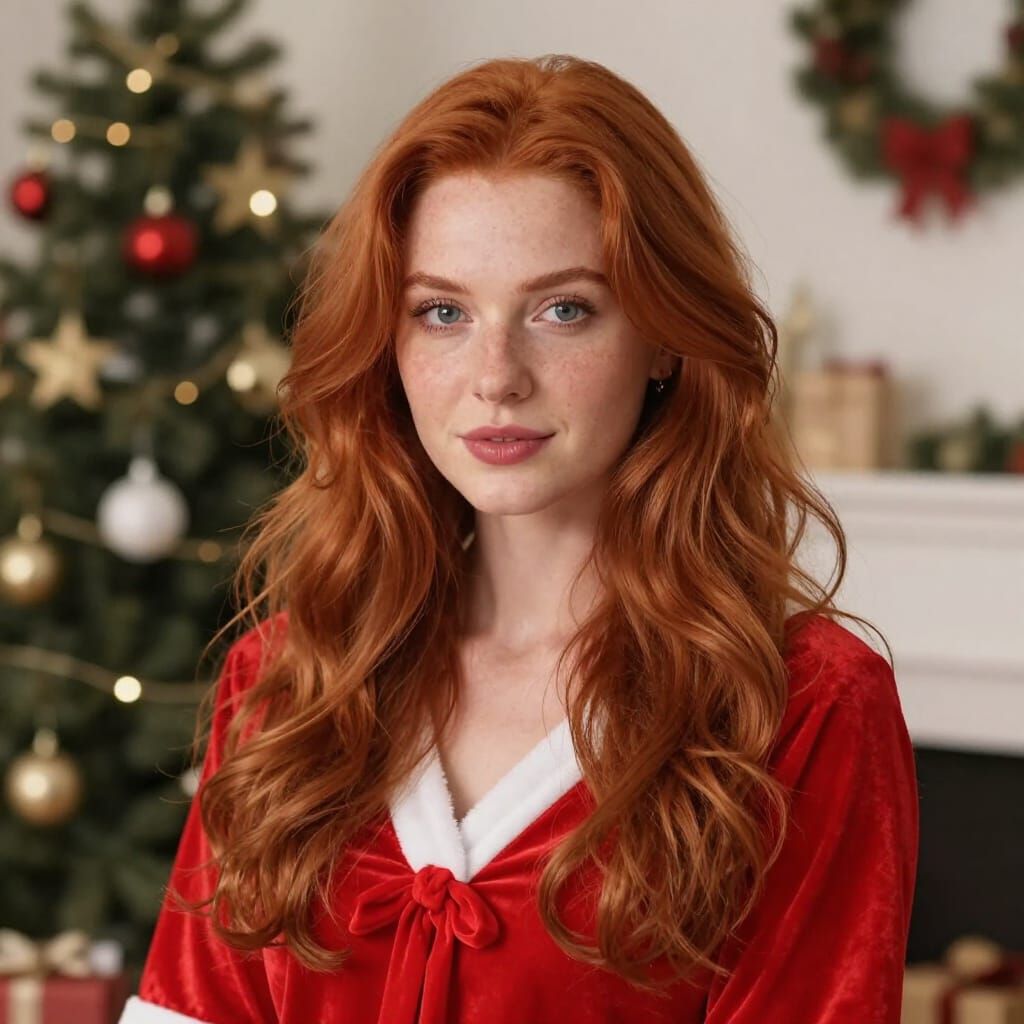 Woman With Long Red Hair in Christmas Clothes