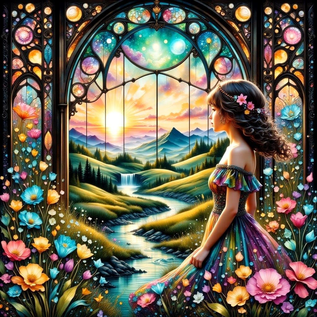 Whimsical Girl Contemplates Surreal Gardens in a Dreamlike S...