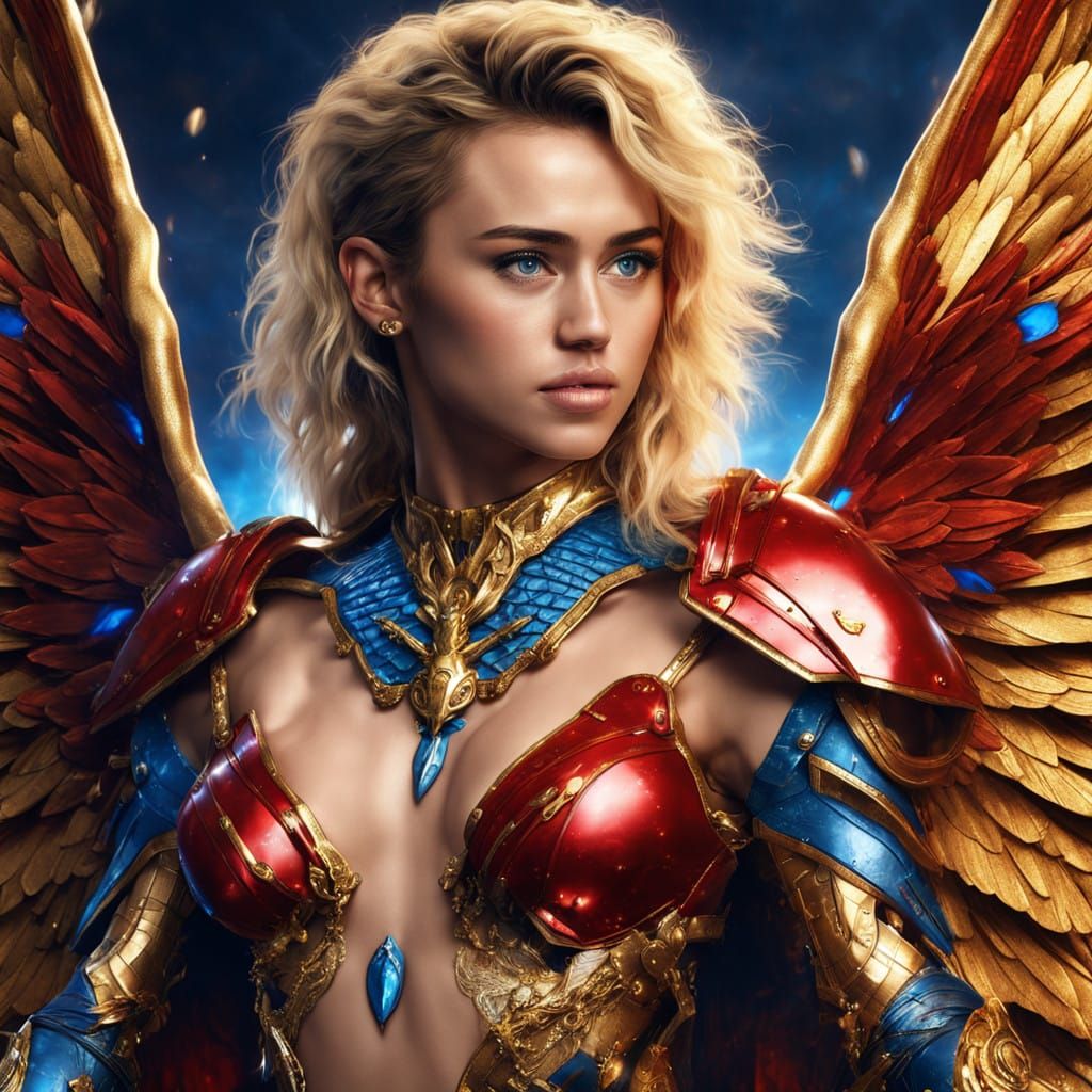 Angel Miley: Blue-Hued Beauty in Golden Armor
